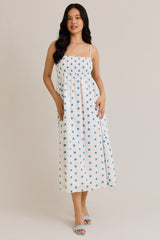White Floral Smocked Sleeveless Midi Dress