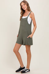 Green Olive Front Pocket Overall Knit Romper