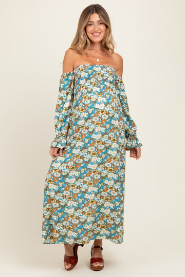 Deep Teal Floral Print Off Shoulder Smocked Maternity Maxi Dress