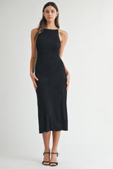 Black Textured Sleeveless Fitted Midi Dress