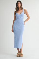 Light Blue Ribbed V-Neck Back Cutout Maternity Midi Dress
