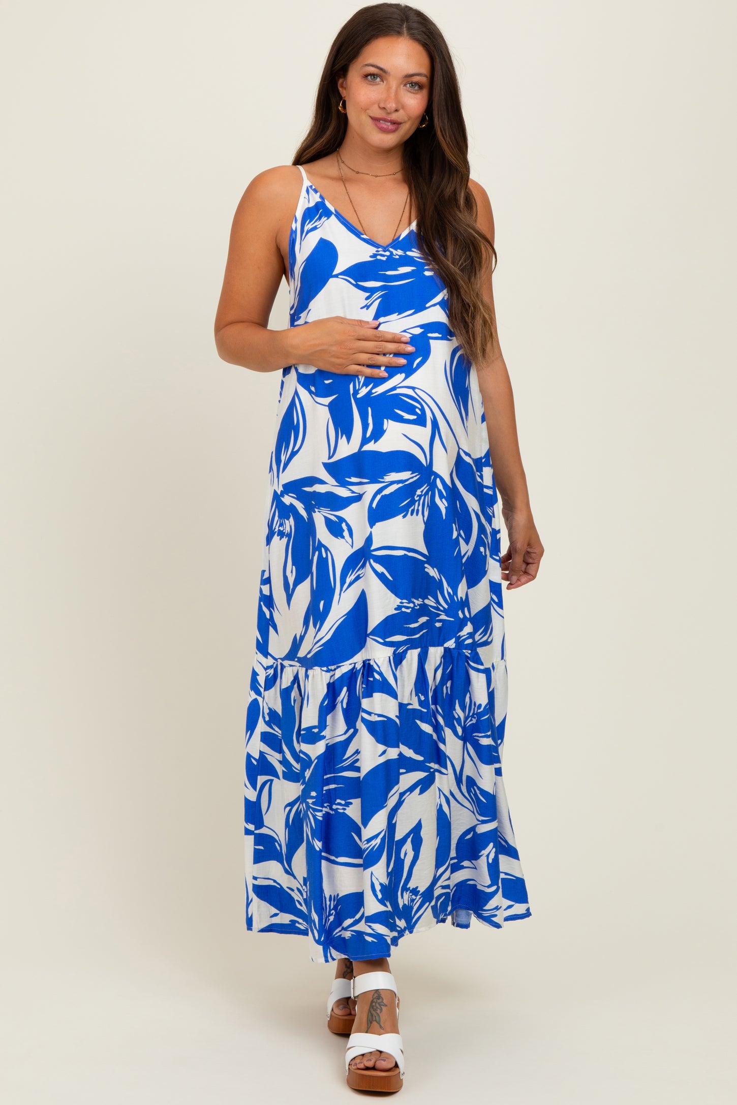 Blue Floral Scoop Tie Back Maternity Maxi Dress
