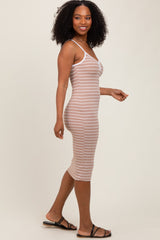 Beige Striped V-Neck Sleeveless Midi Dress