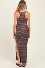 Yellow Multicolor Striped Side Slit Maternity Maxi Dress
