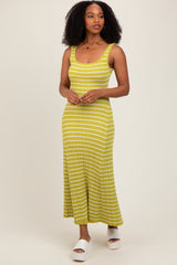 Lime Striped Ribbed Sleeveless Maternity Maxi Dress