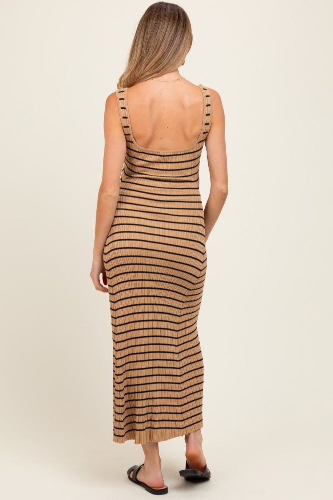 Camel Striped Ribbed Sleeveless Maternity Maxi Dress