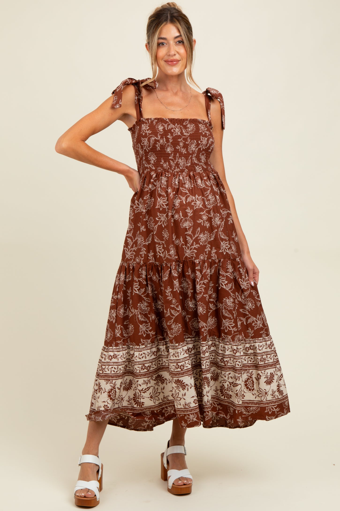 Brown Floral Smocked Shoulder Tie Maternity Maxi Dress