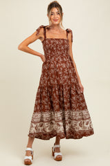 Brown Floral Smocked Shoulder Tie Maternity Maxi Dress