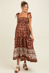 Brown Floral Smocked Shoulder Tie Maternity Maxi Dress