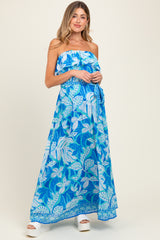 Blue Floral Chiffon Flounce Strapless Maternity Maxi Dress