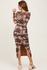 Brown Floral Mesh Overlay Ruched Midi Dress