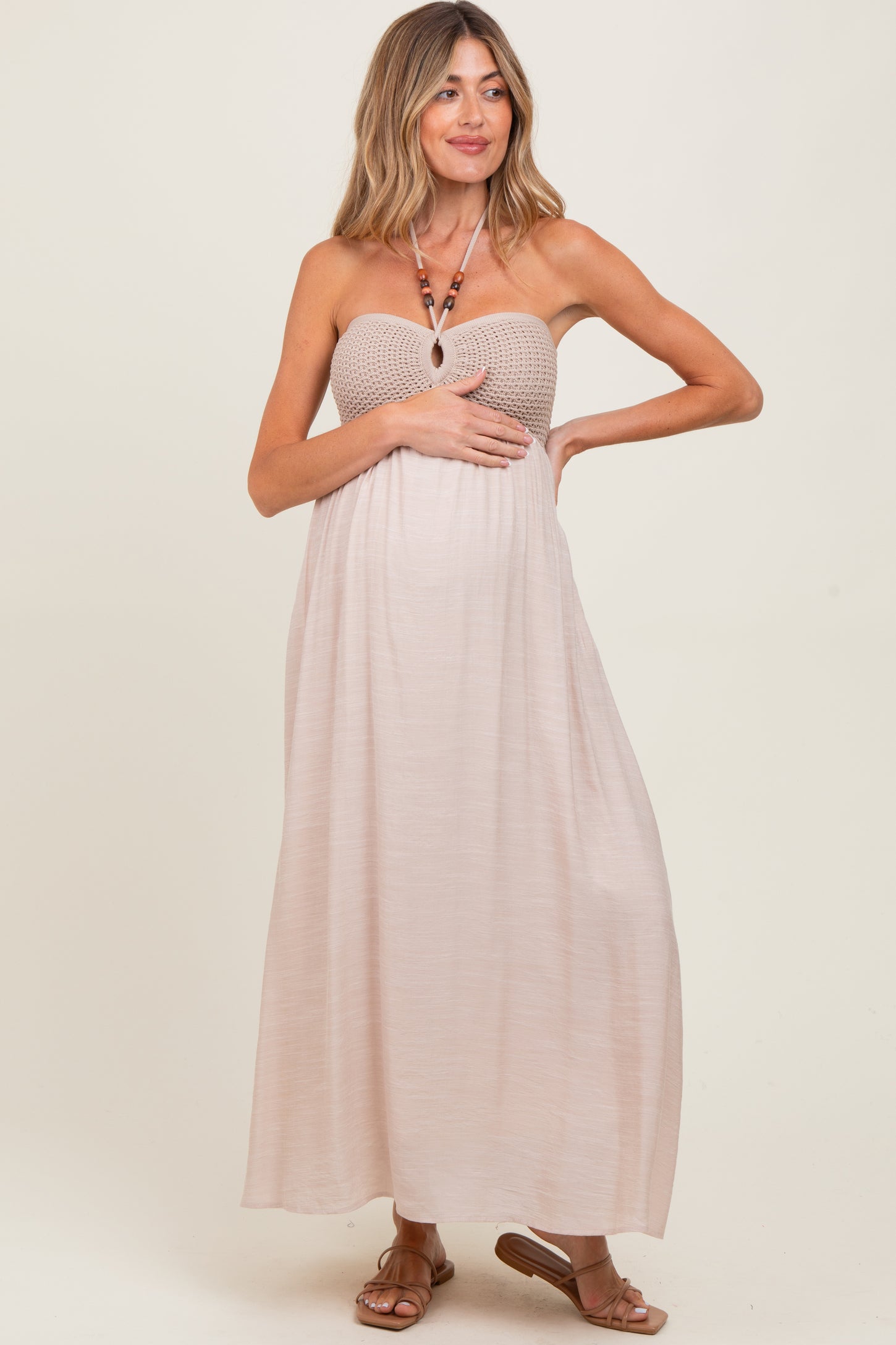 Beige Crochet Contrast Beaded Halter Neck Maternity Maxi Dress