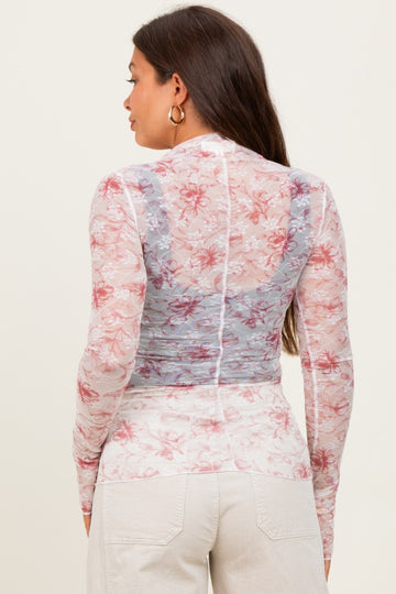 Pink Floral Mesh Lace Long Sleeve Maternity Top