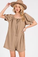 Mocha Button Up Front Tie Puff Sleeve Romper