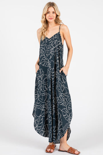 Charcoal Leaf Print Tulip Hem Jumpsuit