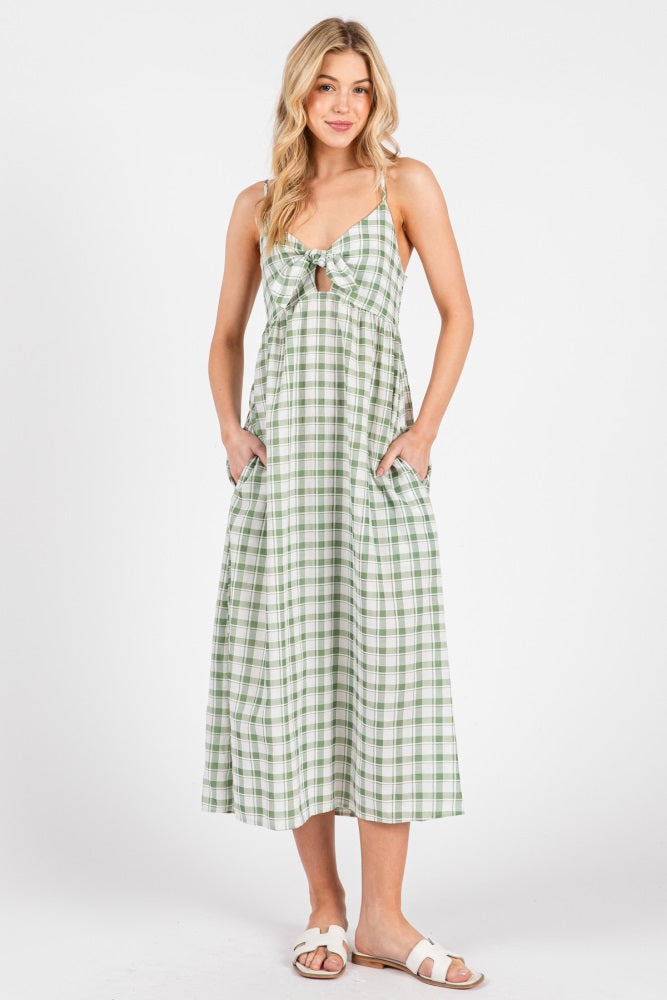 Green Checkered Plaid Front Tie Sleeveless Maternity Midi Dress