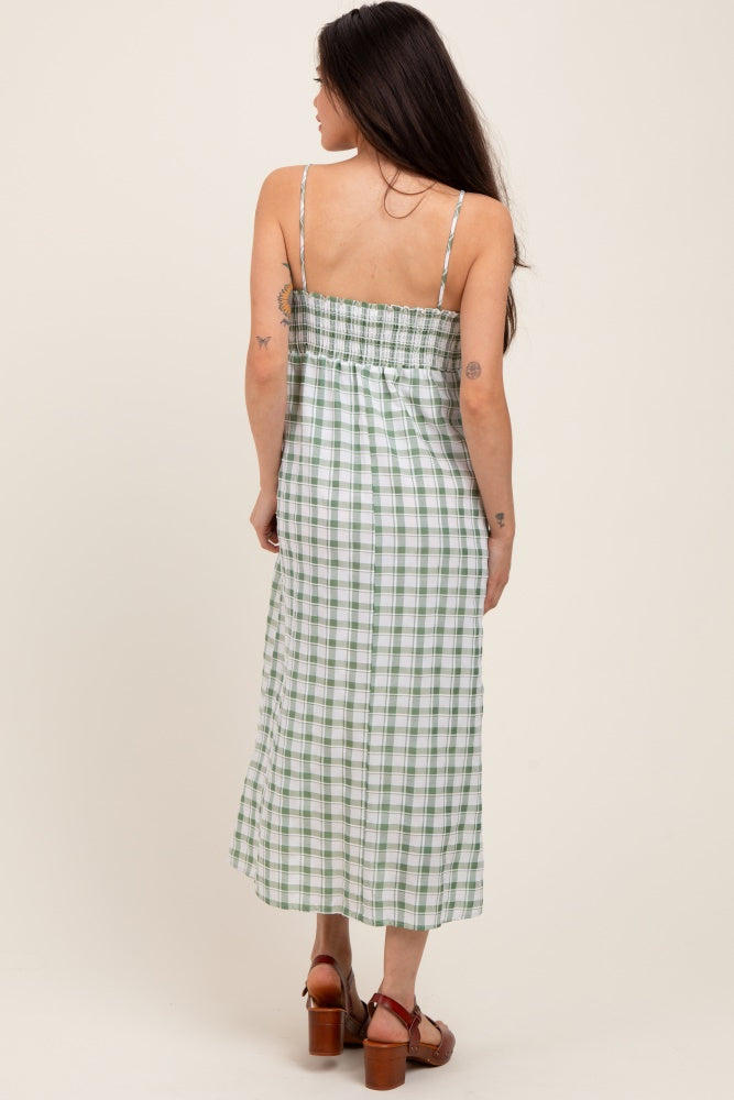 Green Checkered Plaid Front Tie Sleeveless Maternity Midi Dress