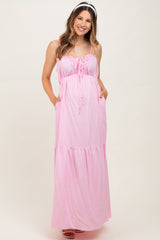 Light Pink Gathered Front Tie Maternity Maxi Dress