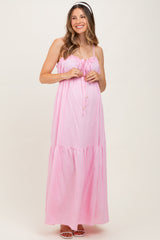 Light Pink Gathered Front Tie Maternity Maxi Dress