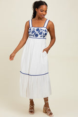White Floral Embroidered Cutout Tie Back Midi Dress