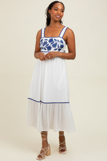 White Floral Embroidered Cutout Tie Back Midi Dress