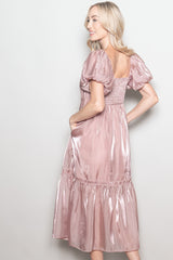 Pink Organza Puff Sleeve Midi Dress