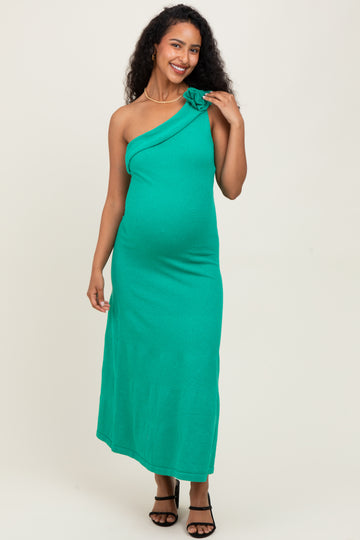 Green One Shoulder Knit Sleeveless Maternity Maxi Dress