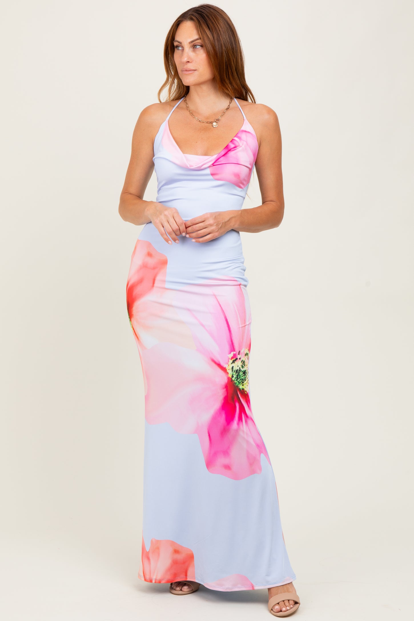 Light Blue Floral Draped Halter Maxi Dress