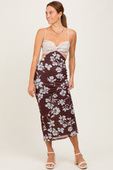 Brown Colorblock Floral Cutout Sleeveless Maxi Dress