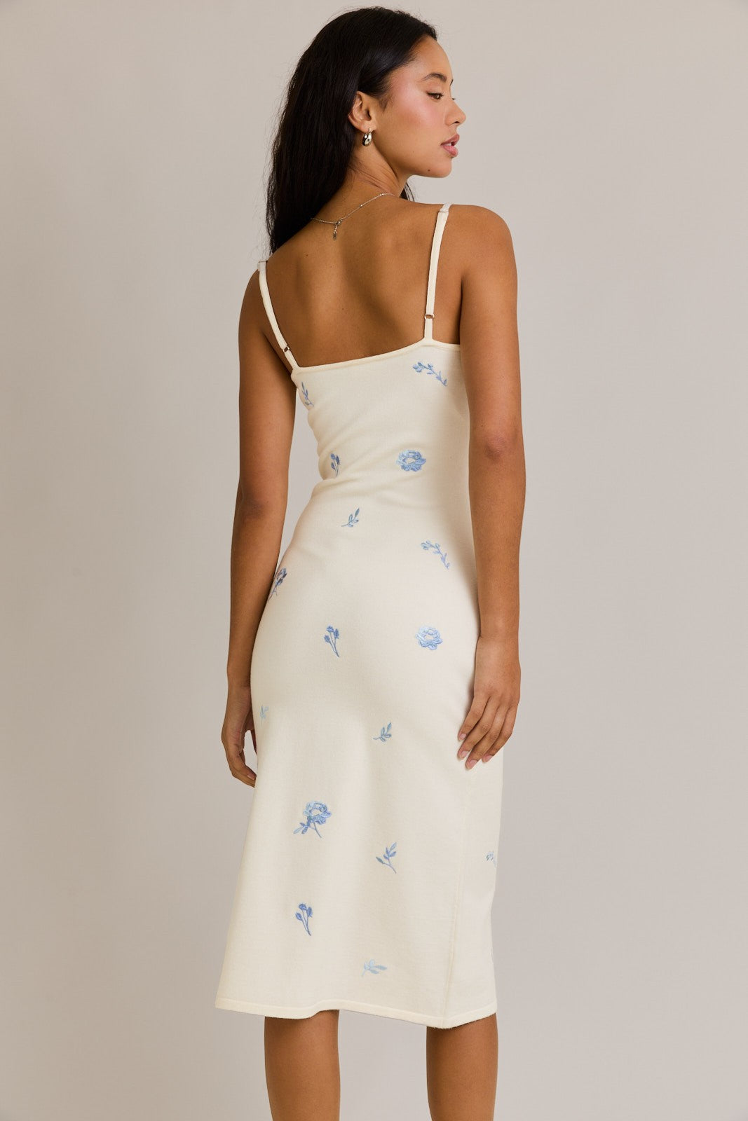 Ivory Knit Floral Embroidery Midi Tank Dress