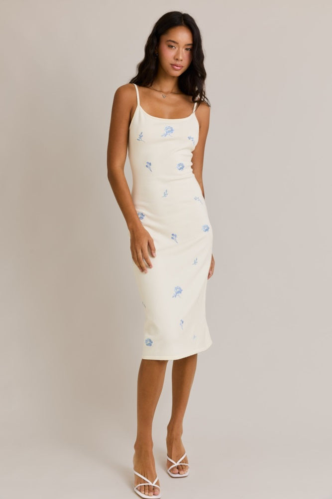 Ivory Knit Floral Embroidery Maternity Midi Tank Dress