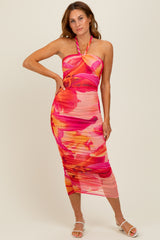 Red Flower Mesh Halter Midi Dress