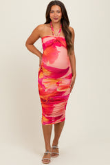 Red Flower Mesh Halter Maternity Midi Dress