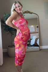 Red Flower Mesh Halter Maternity Midi Dress