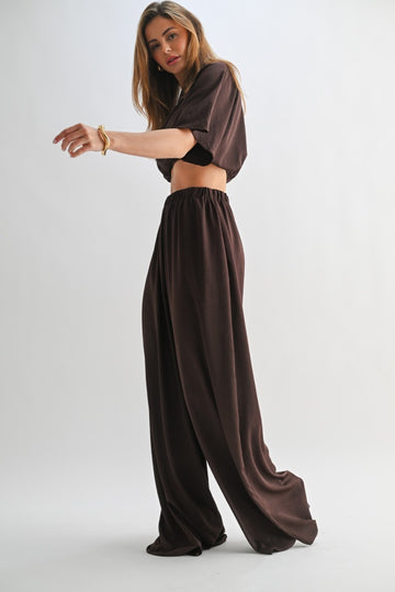 Brown Crop Blouse Wide Leg Pant Set
