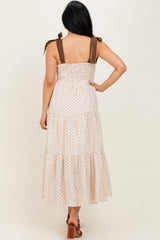Cream Polka Dot Tiered Shoulder Tie Midi Dress
