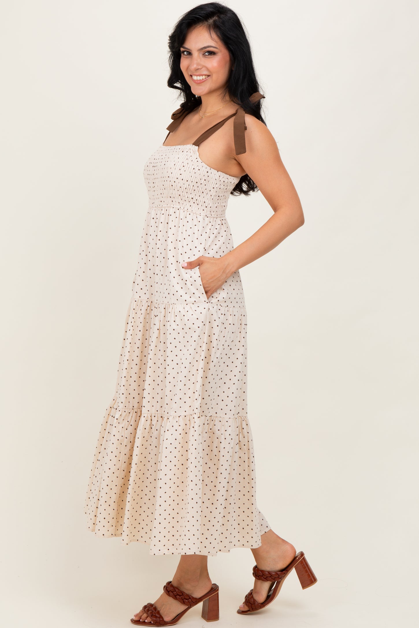 Cream Polka Dot Tiered Shoulder Tie Midi Dress