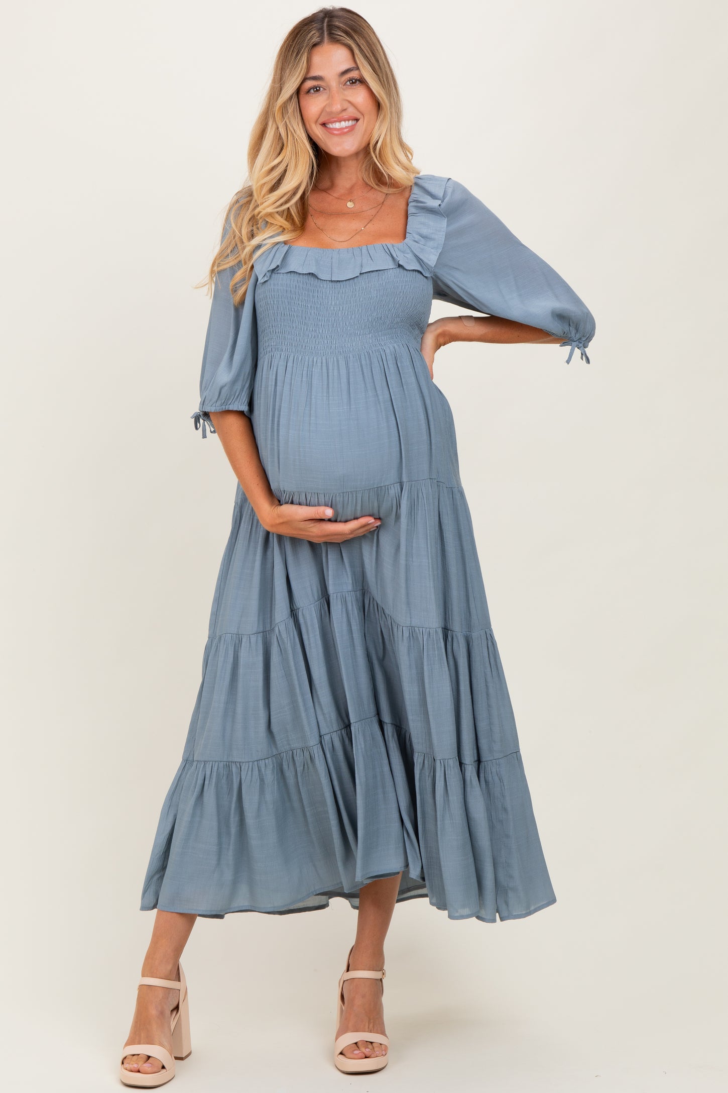 Light Blue Smocked Ruffle Detail Tiered Maternity Midi Dress