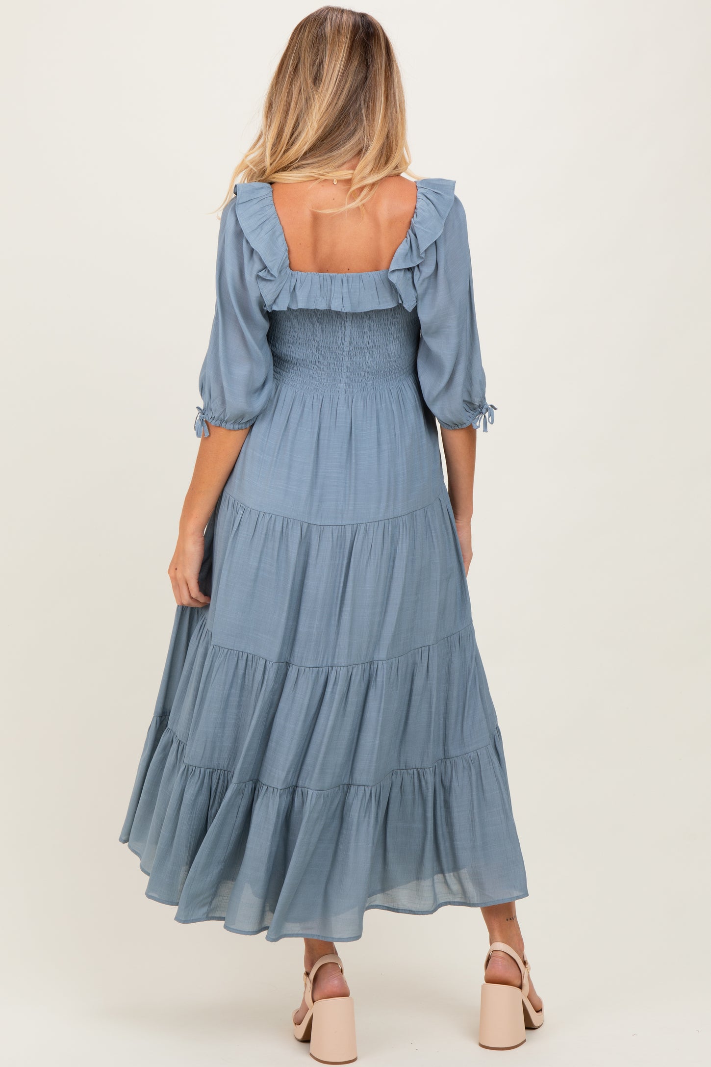 Light Blue Smocked Ruffle Detail Tiered Maternity Midi Dress