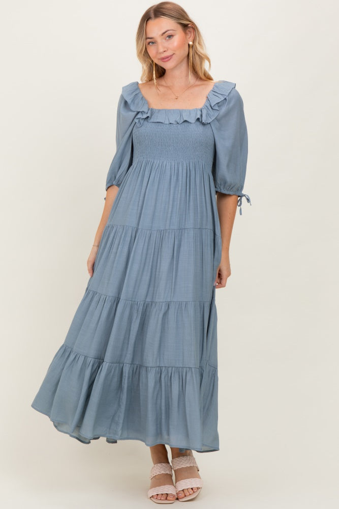Light Blue Smocked Ruffle Detail Tiered Midi Dress