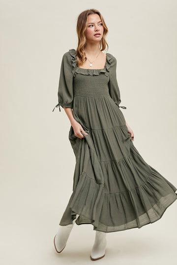 Olive Smocked Ruffle Detail Tiered Midi Dress