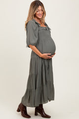 Olive Smocked Ruffle Detail Tiered Maternity Midi Dress