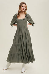 Olive Smocked Ruffle Detail Tiered Midi Dress