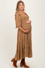 Mocha Smocked Ruffle Detail Tiered Maternity Midi Dress