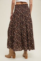 Brown Floral Smocked Waist Maxi Skirt