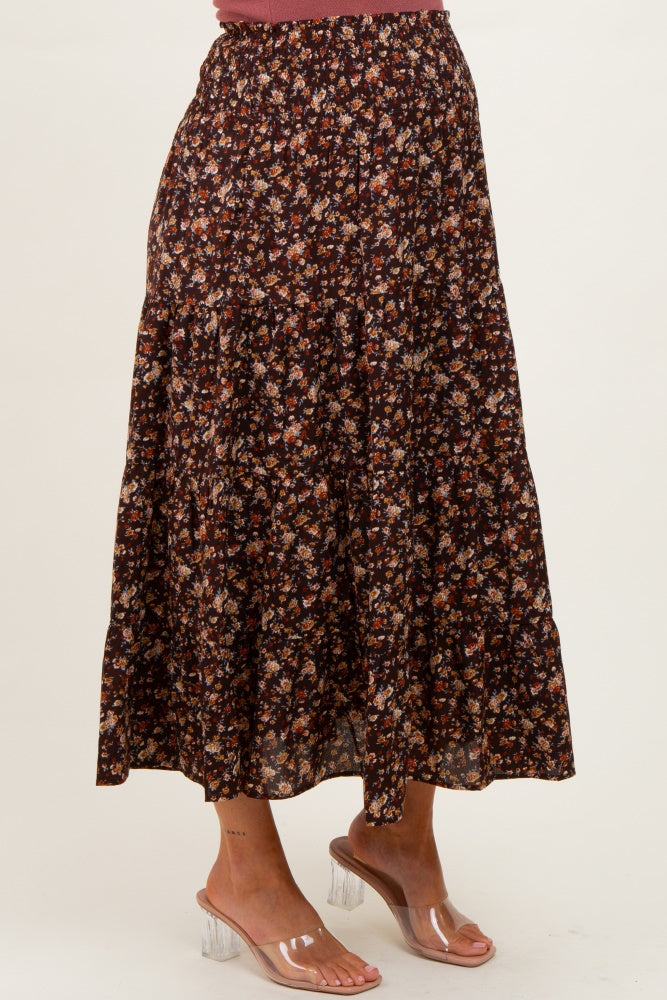 Brown Floral Smocked Waist Maternity Maxi Skirt
