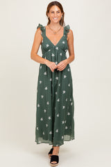 Forest Green Floral Embroidered V-Neck Maternity Midi Dress