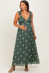 Forest Green Floral Embroidered V-Neck Maternity Midi Dress