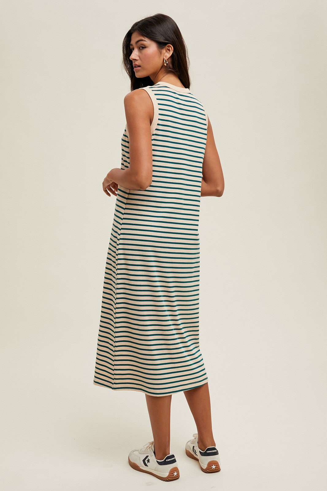 Deep Teal Striped Ribbed Knit Sleeveless Midi Dress