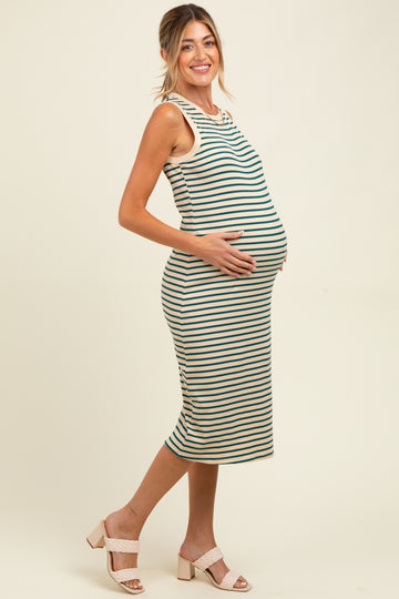 Deep Teal Striped Ribbed Knit Sleeveless Maternity Midi Dress
